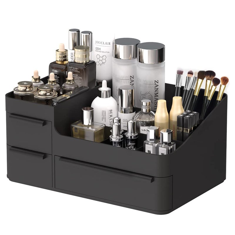 CHANCETSUI Makeup Organizer For Vanity Bathroom Countertop Storage Display Boxes Case Stackable Cosmetic Holder For Jewelry Hair Accessories Beauty Skincare Product Organizing With Drawer Organizer Tray Black - Image 1