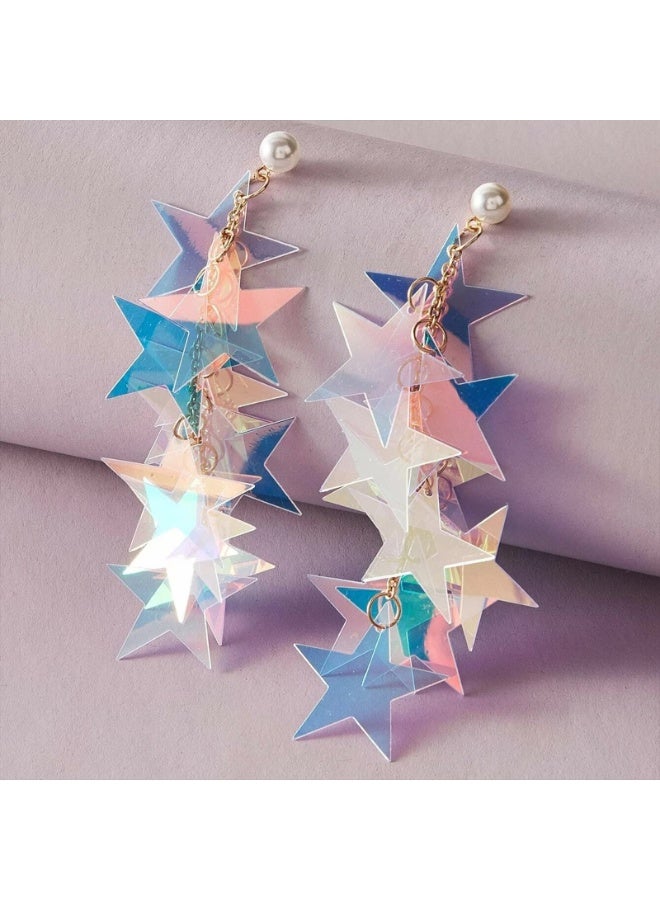Star Earrings Dangle, Iridescent Earrings for Women Accessory Neon Long Tassel Dangle Earrings Dazzling Gold Star Sparkly Earring Long Dangle Summer Jewelry Graduation Wedding Birthday Gift - Image 5