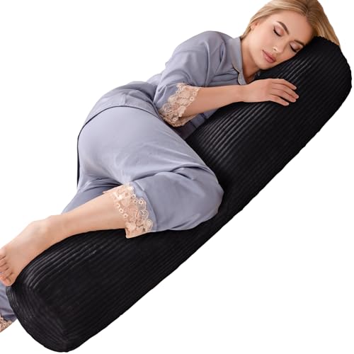 1 MIDDLE ONE Body Pillow for Adults, Long Bolster Pillow for Bed, Decorative Round Roll Hug Pillow with Corduroy Cover (Black, 47x7.87 Inch) - Image 1
