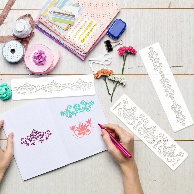 comfrt 8 Pieces Ornate Border Stencil Flower Stencil Template Cake Decorating Templates Reusable DIY Art and Craft Stencil Floral Edge Baking Tool for Painting on Wood, Canvas, Paper, Fabric - Image 4