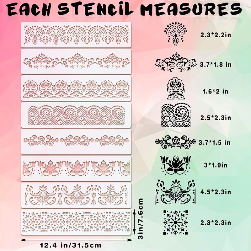 comfrt 8 Pieces Ornate Border Stencil Flower Stencil Template Cake Decorating Templates Reusable DIY Art and Craft Stencil Floral Edge Baking Tool for Painting on Wood, Canvas, Paper, Fabric - Image 3