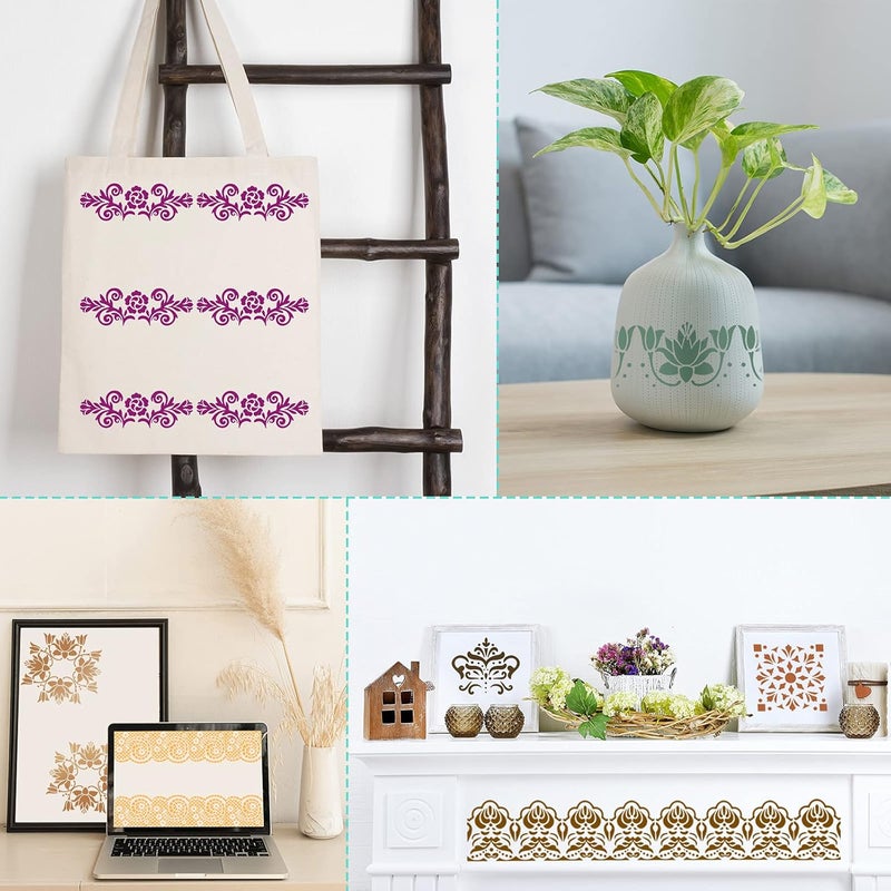 comfrt 8 Pieces Ornate Border Stencil Flower Stencil Template Cake Decorating Templates Reusable DIY Art and Craft Stencil Floral Edge Baking Tool for Painting on Wood, Canvas, Paper, Fabric - Image 5