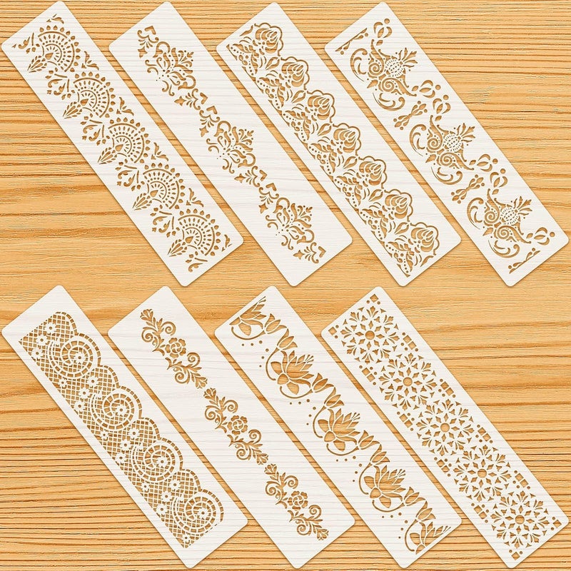 comfrt 8 Pieces Ornate Border Stencil Flower Stencil Template Cake Decorating Templates Reusable DIY Art and Craft Stencil Floral Edge Baking Tool for Painting on Wood, Canvas, Paper, Fabric - Image 1