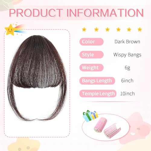 Cesomeey Clip in Bangs 100 Real Human Hair Wispy Bangs Hair Clip Fake Bang Fringe with Temples Hairpieces for Women Daily Wear Dark Brown Wispy Bangs - Image 3