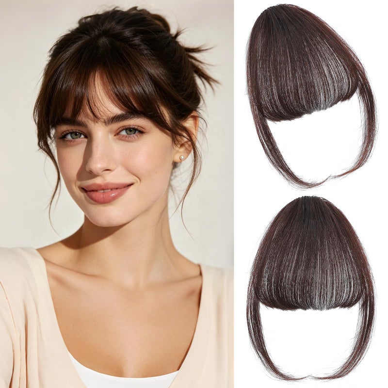 Cesomeey Clip in Bangs 100 Real Human Hair Wispy Bangs Hair Clip Fake Bang Fringe with Temples Hairpieces for Women Daily Wear Dark Brown Wispy Bangs - Image 2