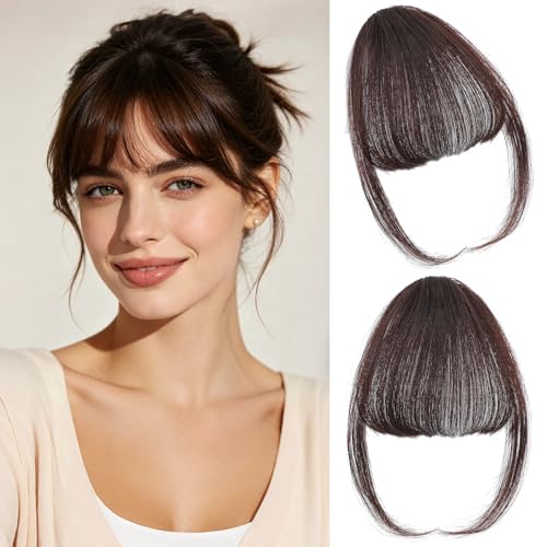 Cesomeey Clip in Bangs 100 Real Human Hair Wispy Bangs Hair Clip Fake Bang Fringe with Temples Hairpieces for Women Daily Wear Dark Brown Wispy Bangs - Image 1