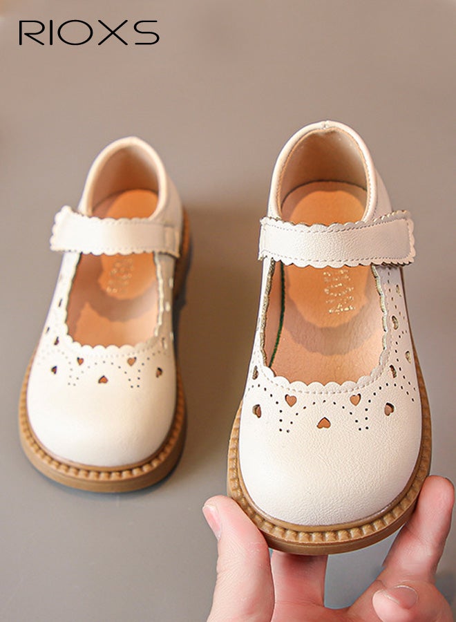 ريوكس أحذية رسمية للبنات، أحذية ماري جين مسطحة من الجلد، أحذية باليرينا برينسيس مع فتحات تهوية للأطفال الصغار، أحذية رسمية مريحة للزي المدرسي لحفلات الزفاف وحفلات التخرج وحفلات التخرج، لون بيج - Image 1