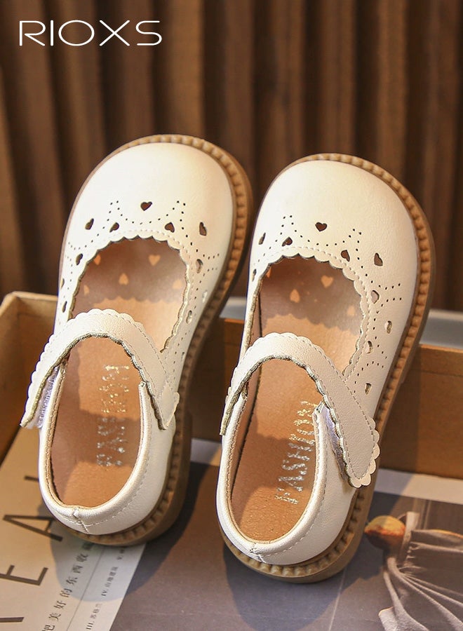 ريوكس أحذية رسمية للبنات، أحذية ماري جين مسطحة من الجلد، أحذية باليرينا برينسيس مع فتحات تهوية للأطفال الصغار، أحذية رسمية مريحة للزي المدرسي لحفلات الزفاف وحفلات التخرج وحفلات التخرج، لون بيج - Image 3