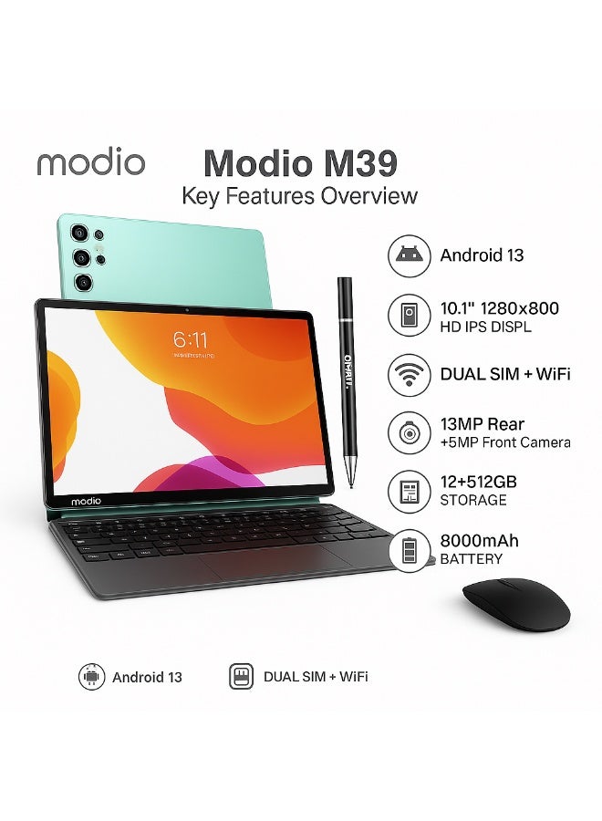 MODIO TAB Modio M39 Tablet – 10.1 Inch HD IPS Display, Android 13, 12+512GB, Dual SIM 4G, 13MP+5MP Camera, 8000mAh Battery, with Keyboard, Mouse, Pen, Case & OTG Adapter (Green) - Image 3