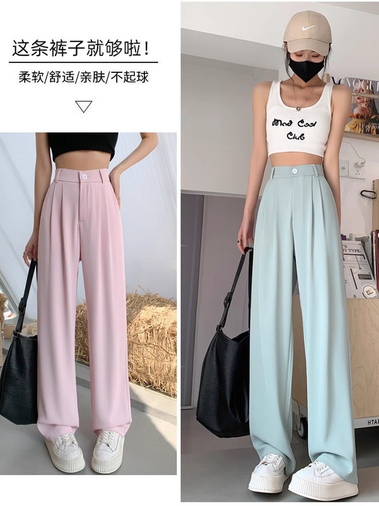 Fashion Ice Silk Wide-Leg Casual Pants For Women, High-Waisted Drape Straight-Leg Suit Pants, Loose Floor-Length Trousers - Image 4