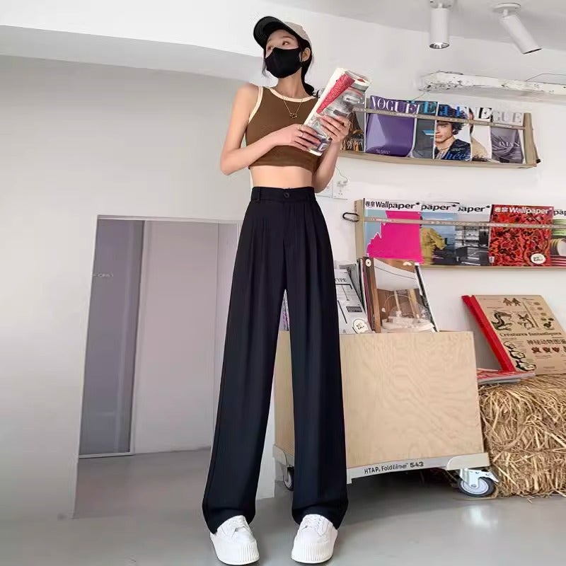 Fashion Ice Silk Wide-Leg Casual Pants For Women, High-Waisted Drape Straight-Leg Suit Pants, Loose Floor-Length Trousers - Image 1