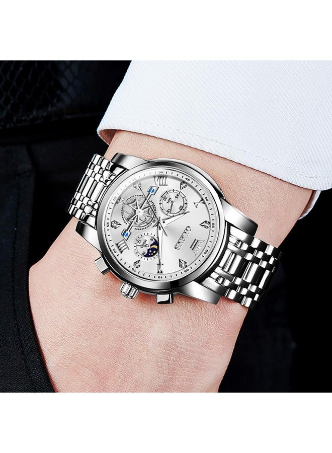 OLEVS Watch for Men Skeleton Analog Quartz Chronograph Diamond Watches Stainless Steel Moon Phase Calendar Waterproof Wrist Watch Silver White - Image 4
