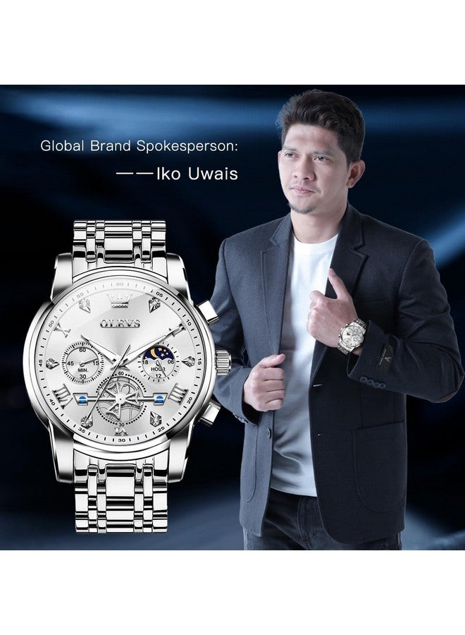 OLEVS Watch for Men Skeleton Analog Quartz Chronograph Diamond Watches Stainless Steel Moon Phase Calendar Waterproof Wrist Watch Silver White - Image 2