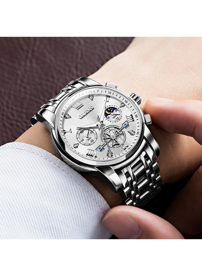 OLEVS Watch for Men Skeleton Analog Quartz Chronograph Diamond Watches Stainless Steel Moon Phase Calendar Waterproof Wrist Watch Silver White - Image 3