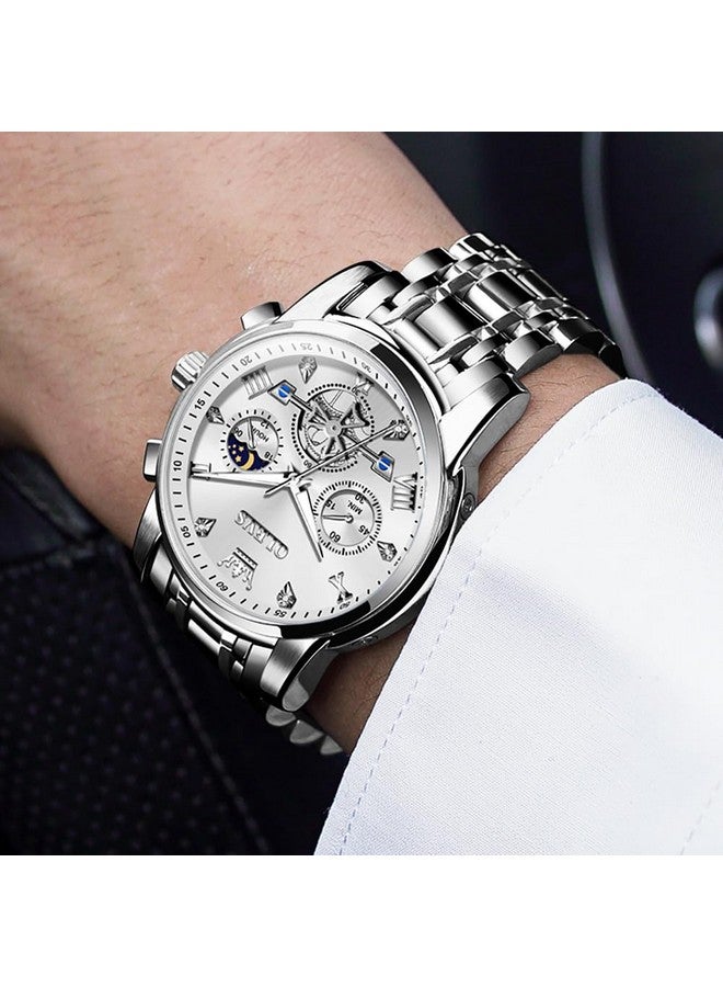 OLEVS Watch for Men Skeleton Analog Quartz Chronograph Diamond Watches Stainless Steel Moon Phase Calendar Waterproof Wrist Watch Silver White - Image 5
