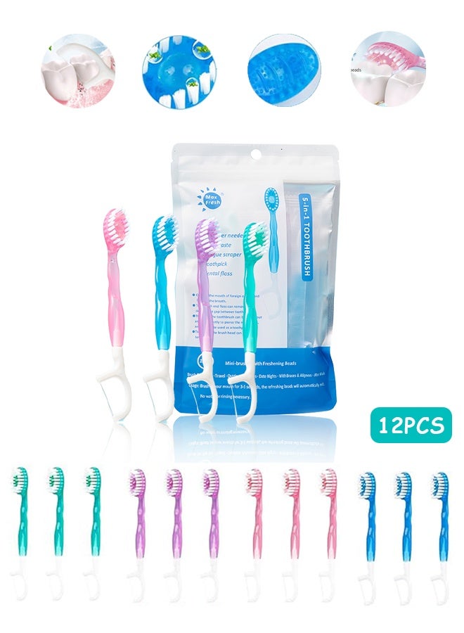MXN Manual Toothbrushes, 5 in 1 Mini Brush, 12 Packs Disposable Toothbrushes with Toothpaste Mini Toothbrushes Individually Wrapped Box Oral Care On The Go Prepasted Travel Toothbrush - Image 1