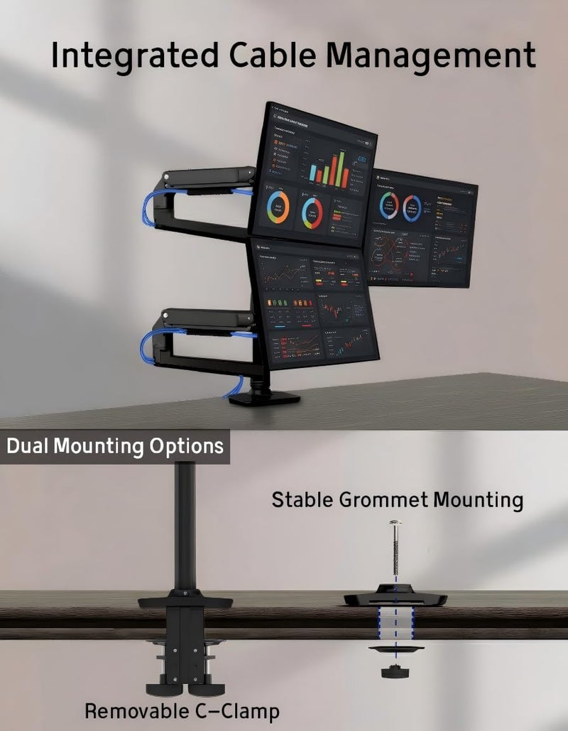 Ergounion Heavy Duty Triple Monitor Mount, Mechanical Spring 3 Monitor Arm Fits Three 13-40 Inch Screens (25 lbs/Arm), Fully Articulating VESA Desk Stand (C-Clamp/Grommet), Premium Aluminum, Black - Image 5