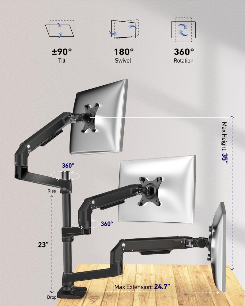 Ergounion Heavy Duty Triple Monitor Mount, Mechanical Spring 3 Monitor Arm Fits Three 13-40 Inch Screens (25 lbs/Arm), Fully Articulating VESA Desk Stand (C-Clamp/Grommet), Premium Aluminum, Black - Image 4