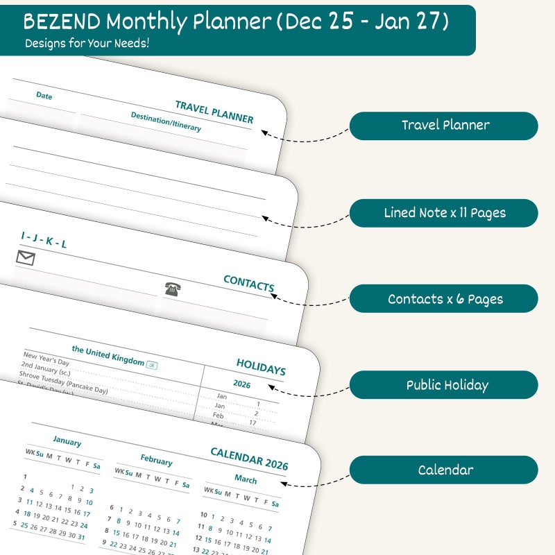 BEZEND Pocket Monthly Planner 2026 for Purse (3.5" x 6.5") 14-Months Super Thin Calendar Book (Dec 25 - Jan 27), Slim Palm Size with Gilded Paper Edge & PU Leather Softcover in Evergreen - Image 4