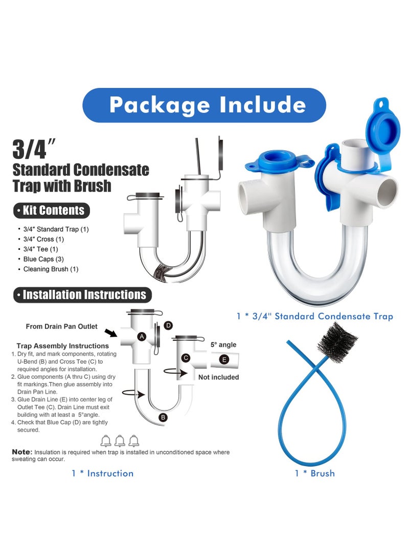 SYOSI - 3/4 Inch Standard Clear Condensate Trap with Cleaning Brush, PVC Transparent U Trap With Easy Clean Ports, Essential Component for HVAC Systems Air Conditioner, Effectively Drains Condensate (1 Pack) - Image 1