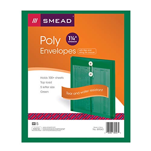 Smead Poly Envelope, 1-1/4" Expansion, String-Tie Closure, Top Load, Letter Size, Green, 5 per Pack (89543) - Image 5
