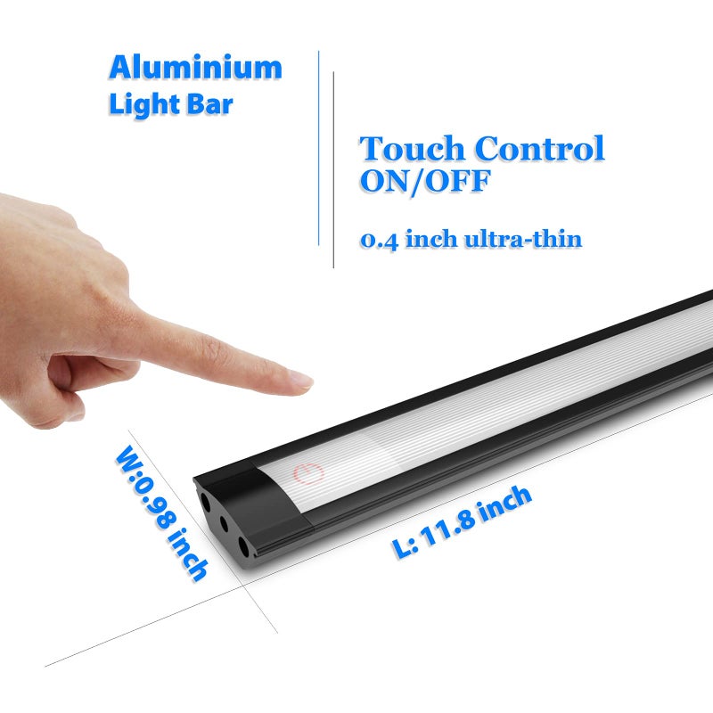 MYPLUS Under Cabinet Lights, 12" Touch Activated and Dimmable Aluminum LED Bar for Kitchen, Workbench and Desk, Warm White 3000K, Plug-in, Black. - Image 3