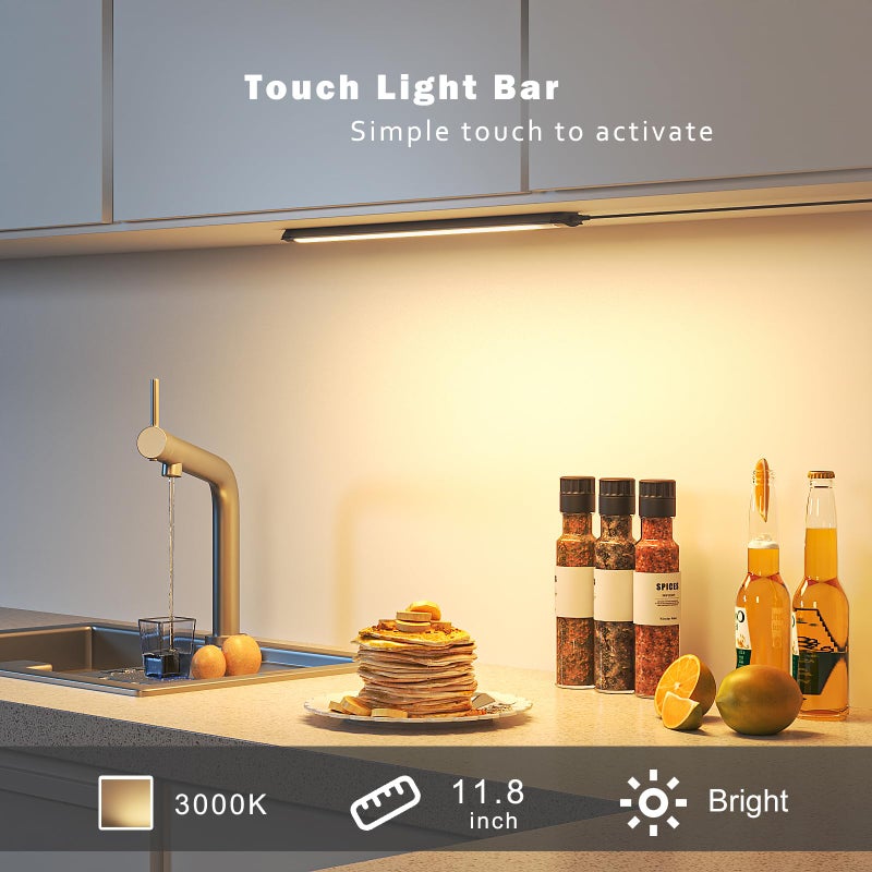 MYPLUS Under Cabinet Lights, 12" Touch Activated and Dimmable Aluminum LED Bar for Kitchen, Workbench and Desk, Warm White 3000K, Plug-in, Black. - Image 2