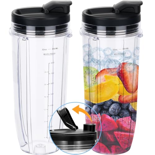 Replacement 32oz Blender Cup with Sip Seal Lid For Nutri Ninja BL450 BL454 Bl455 BL456 BL480 BL481 BL482 BL490 BL640 BL642 BL682 SS101 SS401 SS351 Nutri Ninja Auto IQ Series Blenders 2Pack