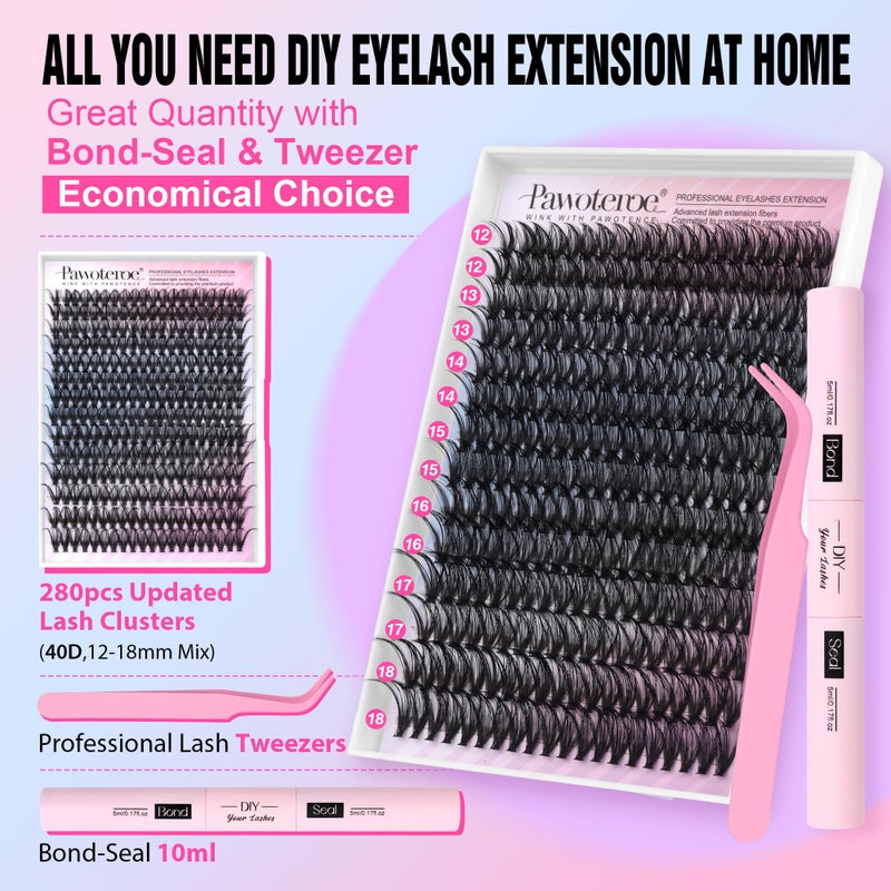 Pawotence Lash Extension Kit DIY 40D 12-18mm Individual Lashes Clusters Kit 280pcs Cluster Eyelash Extensions Kit with Lash Bond and Seal, Tweezers for Self Application (Long 40D, 12-18mm, Kit) - Image 2