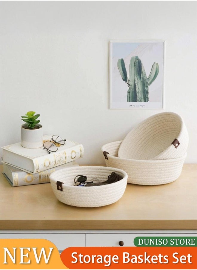 DUNISO Set of 3 Rope Woven Storage Baskets Set For Organizing, Thick Cotton Rope Hand Woven Storage Basket, Durable Nursery Baskets Organizer Bins For Baby Toys (Off White)  - Image 1