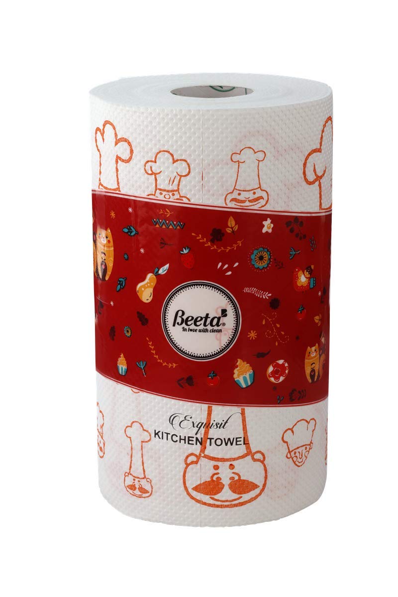 Beeta Kitchen Towel Paper Roll/Printed Kitchen Towel Roll 95 Pulls x 4 Ply (Pack of 3) 350 - Pulls (Assorted or Identical Designs as Per Availability))(Without Dispenser Stand) 100% Natural Fiber - Image 1