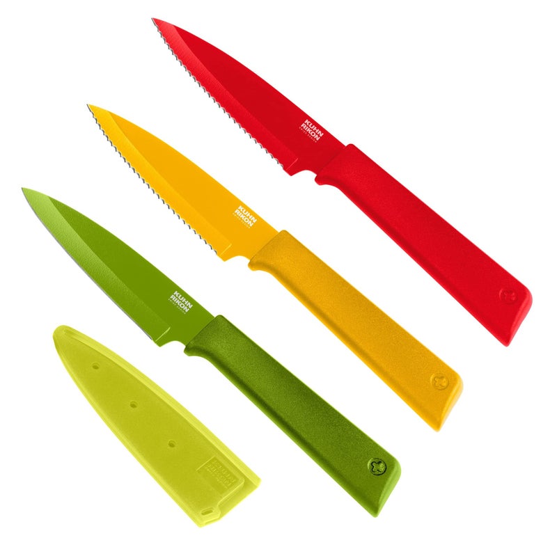 Kuhn Rikon COLORI+ Non-Stick Straight and Serrated Paring Knives with Safety Sheaths, Set of 3, Red, Yellow and Green - Image 1