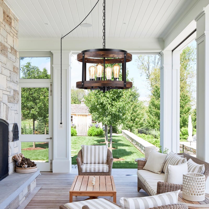 RKUCSR 4-Light Large Rustic Farmhouse Plug in Pendant Light Fixture with Adjustable Chain, Dimmable Switch, 16.5 inch Oak Wood Drum Hanging Lamp for Dining Room Living Room Farmhouse Entry, Black - Image 1