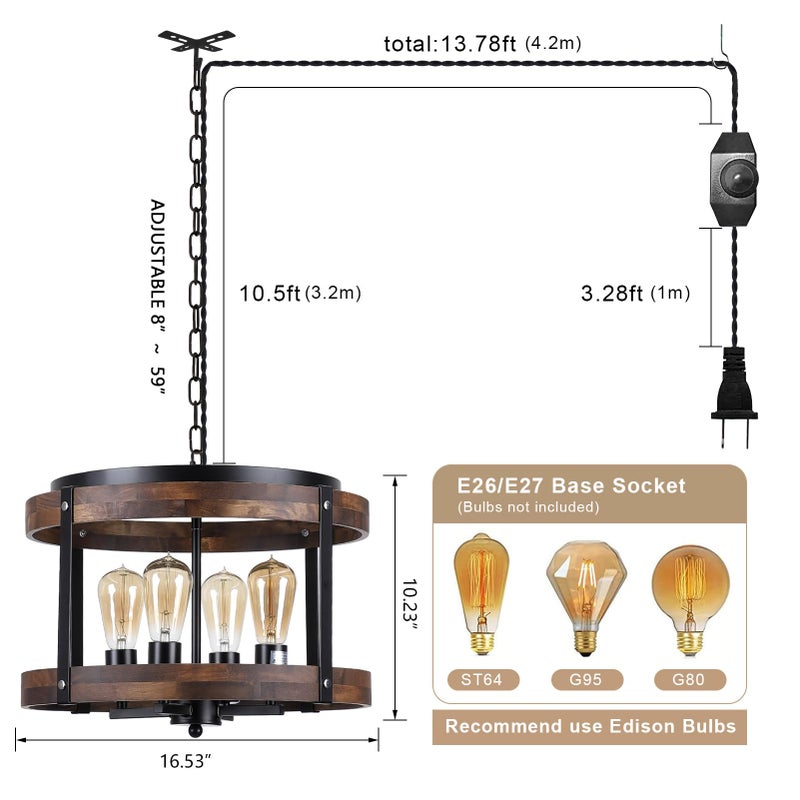 RKUCSR 4-Light Large Rustic Farmhouse Plug in Pendant Light Fixture with Adjustable Chain, Dimmable Switch, 16.5 inch Oak Wood Drum Hanging Lamp for Dining Room Living Room Farmhouse Entry, Black - Image 4