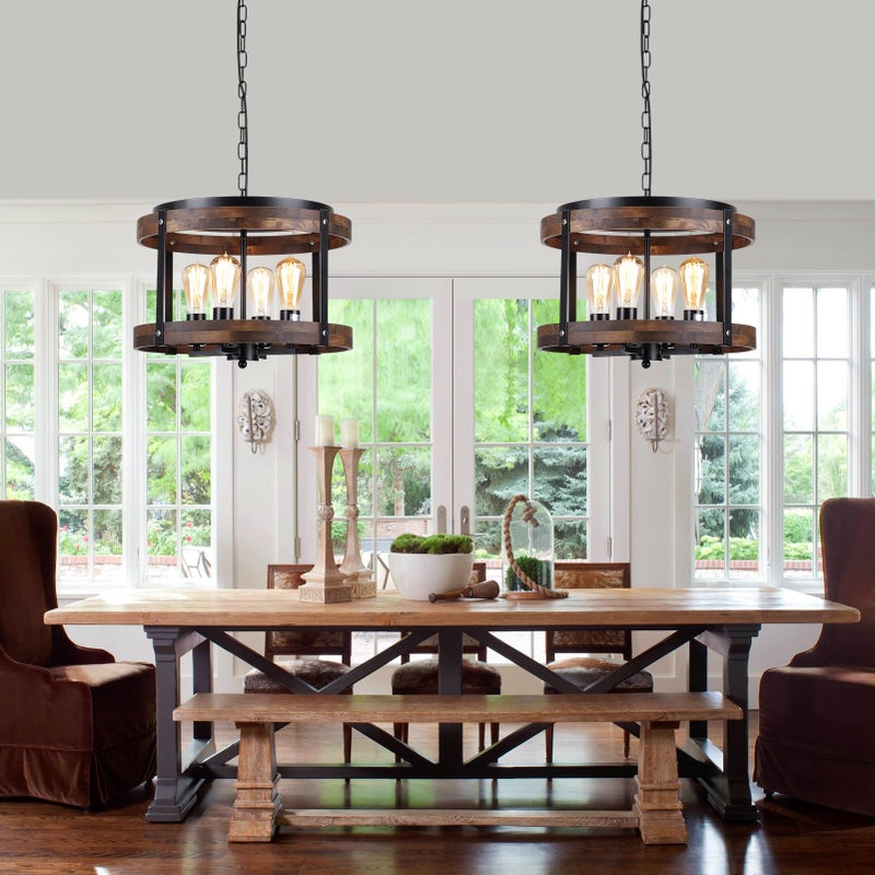 RKUCSR 4-Light Large Rustic Farmhouse Plug in Pendant Light Fixture with Adjustable Chain, Dimmable Switch, 16.5 inch Oak Wood Drum Hanging Lamp for Dining Room Living Room Farmhouse Entry, Black - Image 2