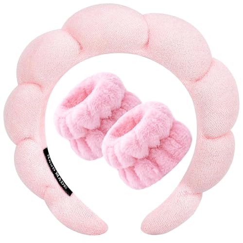 CORSULA Women 1Pcs Facial Spa Headband 2Pcs Wristband Combo Set, Pink Makeup Headband And Wrist Washband Set For Face Washing, Skincare, Shower, Makeup Removal - Image 1