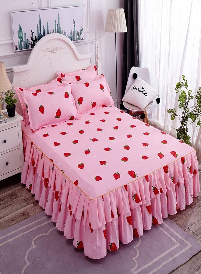 Feelyou Cute Strawberry Bedding Queen Size Bed Skirt for Girls Kids Kawaii Japanese Pink Bed Sheet 16 Inch Drop Dust Ruffle Bed Skirt 3 Piece 1 Pleated Bedskirt & 2 Pillowcases - Image 1