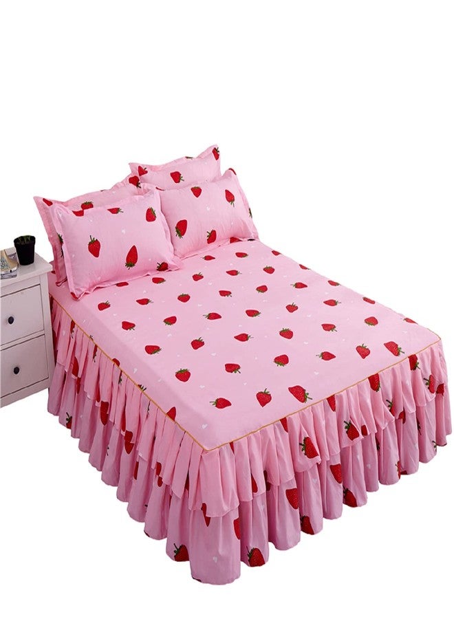 Feelyou Cute Strawberry Bedding Queen Size Bed Skirt for Girls Kids Kawaii Japanese Pink Bed Sheet 16 Inch Drop Dust Ruffle Bed Skirt 3 Piece 1 Pleated Bedskirt & 2 Pillowcases - Image 2