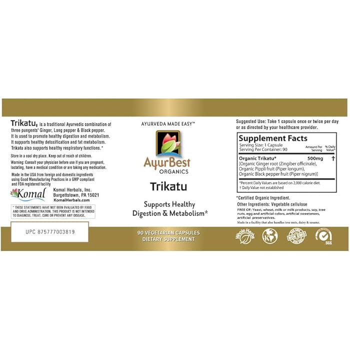 AyurBest Trikatu Herbal Supplements 500mg Capsules, USDA Organic, Kosher - 90 Count - Image 2