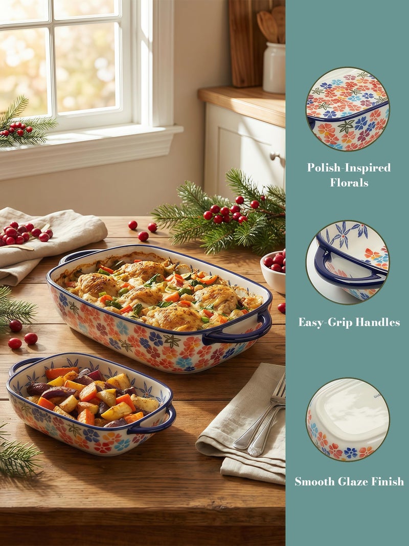 Moqidadii Polish Pottery Style Ceramic Baking Dish Set, 2-Piece Casserole Bakers for 2â€“3 People, Floral Decorative Bakeware, Oven Safe Lasagna Pan, Microwave Dishwasher Safe, Gift-Ready, Protective Packaging - Image 3