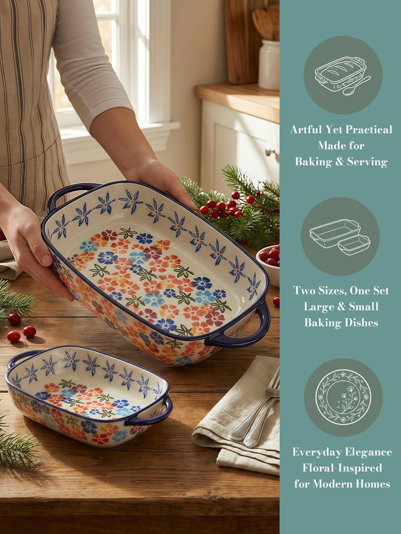 Moqidadii Polish Pottery Style Ceramic Baking Dish Set, 2-Piece Casserole Bakers for 2â€“3 People, Floral Decorative Bakeware, Oven Safe Lasagna Pan, Microwave Dishwasher Safe, Gift-Ready, Protective Packaging - Image 2