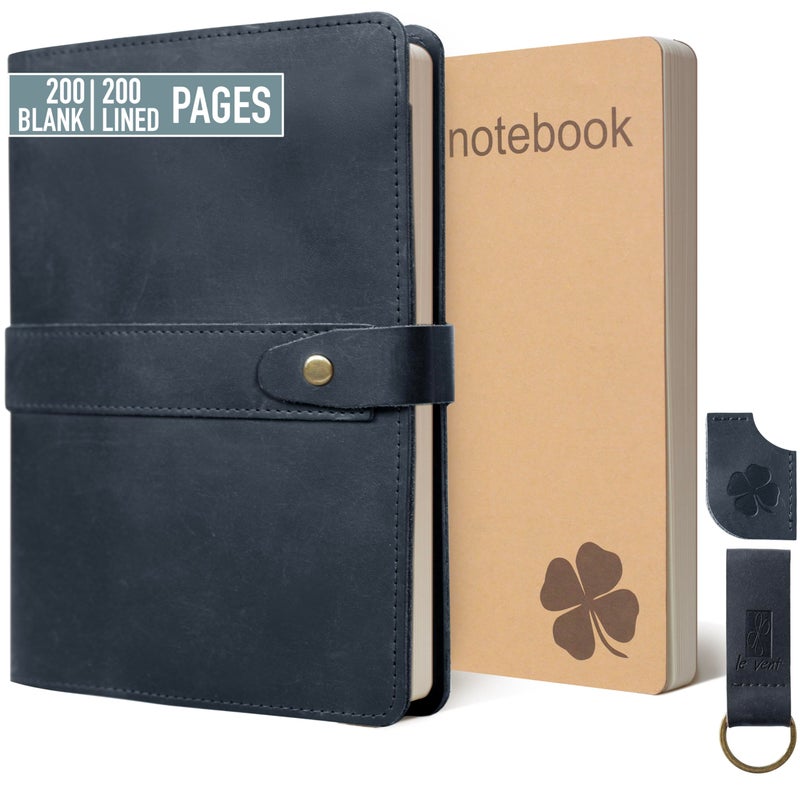 le vent Refillable A5 Genuine Leather Journal Notebook Cover with 2 Inserts, 200+200 Pages Lined + Blank, 5x8 Notebook for Work, Drawing, Sketchbook, Vintage Journal For Men and Women, Black - Image 1