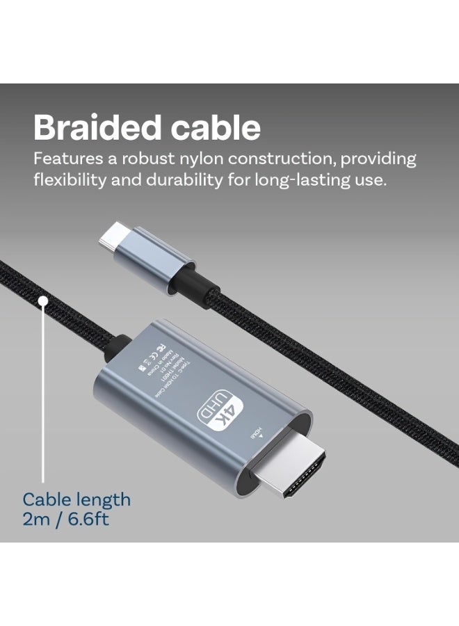 USB C to HDMI 2 Meter Cable [4K@60Hz, Aluminum Shell, Nylon Braided], Thunderbolt 3/4 Compatible with iPhone 15 16 Pro/Max, MacBook Pro/Air 2023, iPad Pro, Surface Book 2, Galaxy S23 and More - Image 2