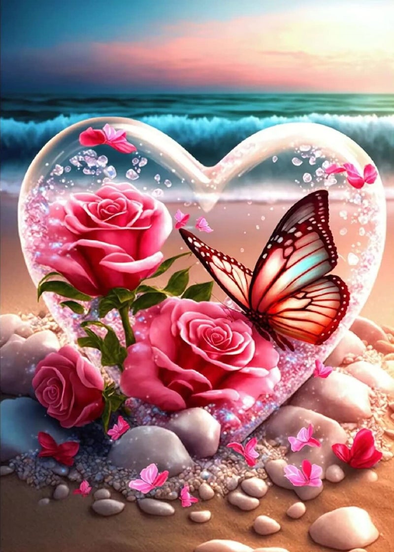 KINPLUB Beach Diamond Painting Kits for Adults, Flowers Heart Diamond Art Kits, 5D DIY Full Drill Seaside Butterflies Paint with Diamonds, Crystal Gem Art for Home Wall Decor 12 x 16 Inch - Image 1