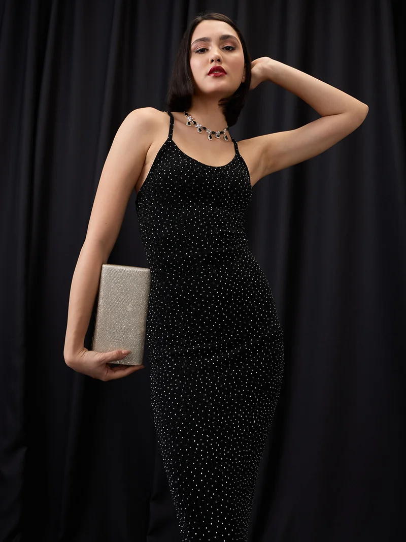 globus Globus Women Black Scoop Neck Strappy Shoulder Rhinestone Embellished Midi Bodycon Party Dress