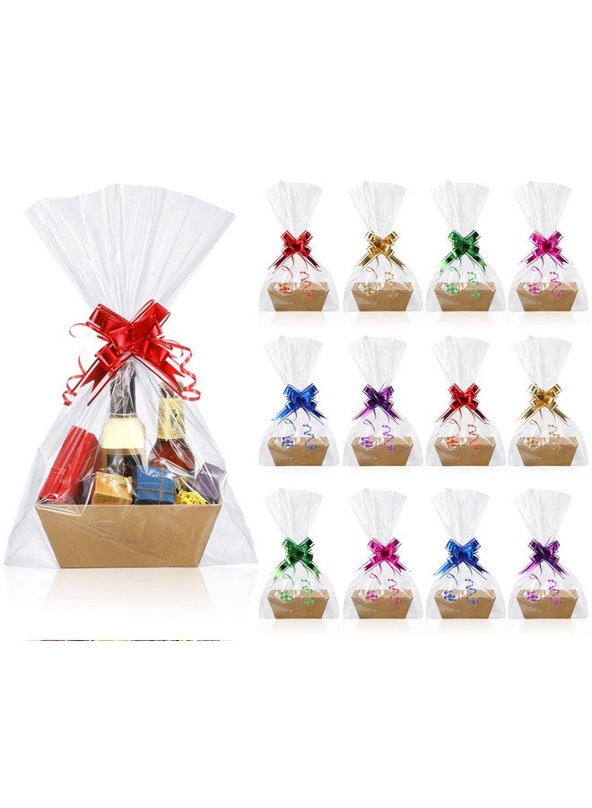Canlierr 50 Pcs Empty Gift Basket Set 12 Basket for Gifts Empty Kraft Market Tray Cardboard Basket with Handles, 18 Bags, and 20 Multicolor Bows for Wedding Birthday Easter, 8 x 6 x 3 Inches - Image 1
