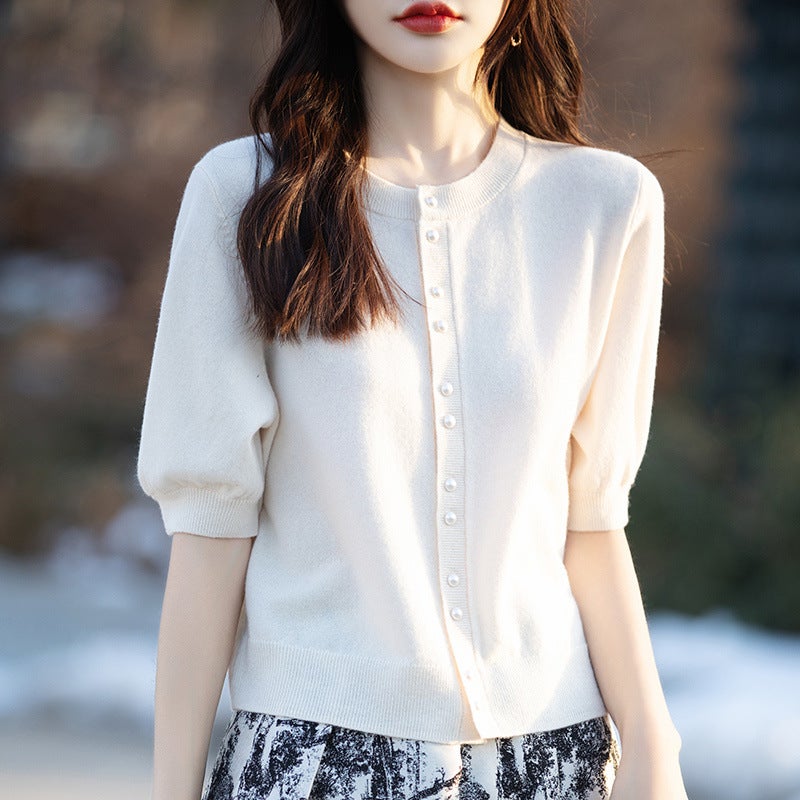 New Worsted Thin Round Neck Knitted Cardigan Short-Sleeved Pure Color Half-Sleeved Loose Slimming Look Top Jacket Jr565 - Image 1