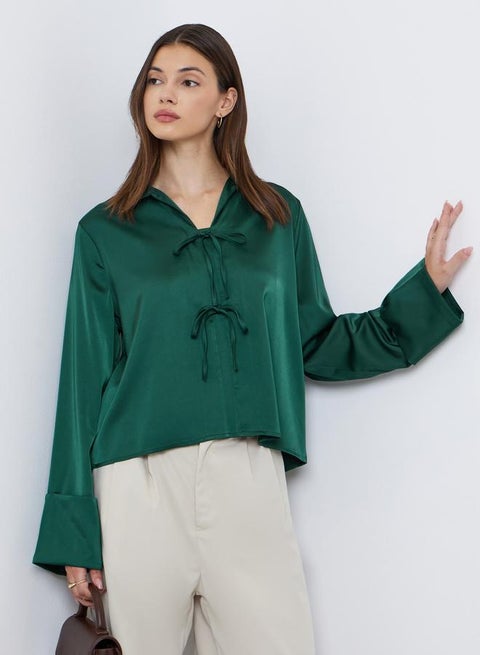Styli Women Green Tie-Front Shirt with Fold Cuff Detail