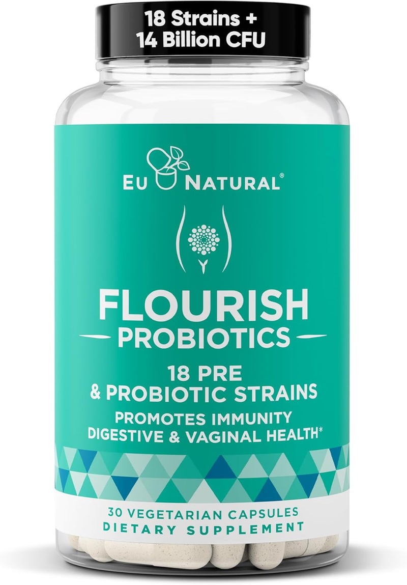 Eu Natural بروبيوتيك فلورش  بروبيوتيك للنساء  صحة الأمعاء والهضم  صحة المسالك البولية  تقليل الانتفاخ  صحة المهبل  18 سلالة مثبتة سريريًا  14 مليار وحدة تشكيل مستعمرات  30 كبسولة نباتية صغيرة مستقرة على الرف - Image 1