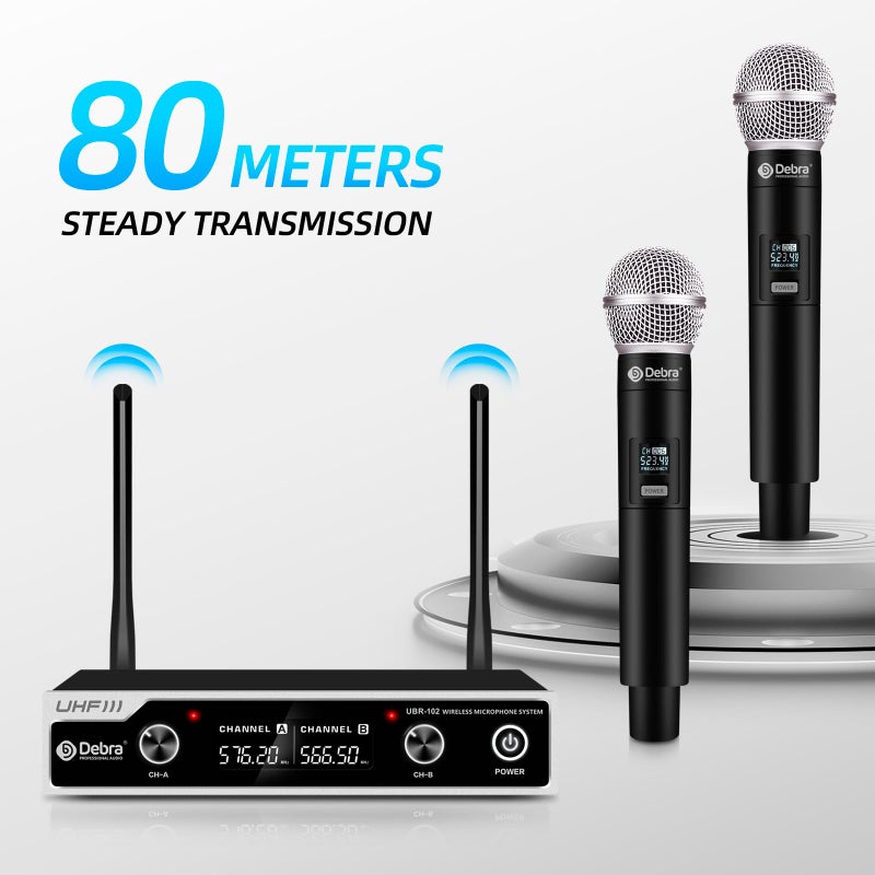 D Debra Wireless Microphone System D Debra UHF UBR-102 with Cordless Handheld Lavalier Headset Mics, 260ft Range, Suitable for Church, Lectures, Karaoke, Weddings, DJ, and Bars (2 Handheld) - Image 4